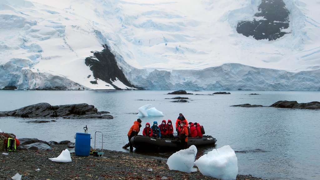 Zodiac rubber boat landing on the Antarctic coast